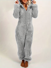 Fuzzy Hooded Pajama Jumpsuit For Music Festival, Comfy & Cute Long Sleeve Zipper Pajamas, Women&