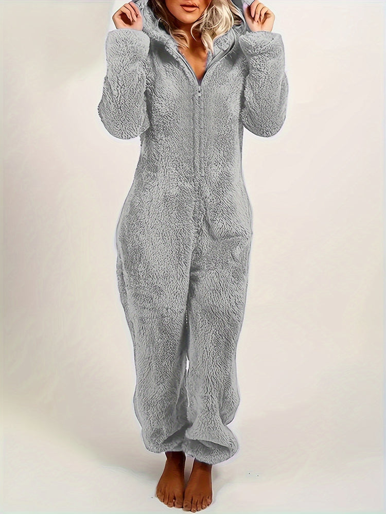 Fuzzy Hooded Pajama Jumpsuit For Music Festival, Comfy & Cute Long Sleeve Zipper Pajamas, Women&