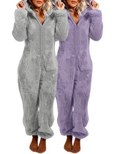 Fuzzy Hooded Pajama Jumpsuit For Music Festival, Comfy & Cute Long Sleeve Zipper Pajamas, Women&