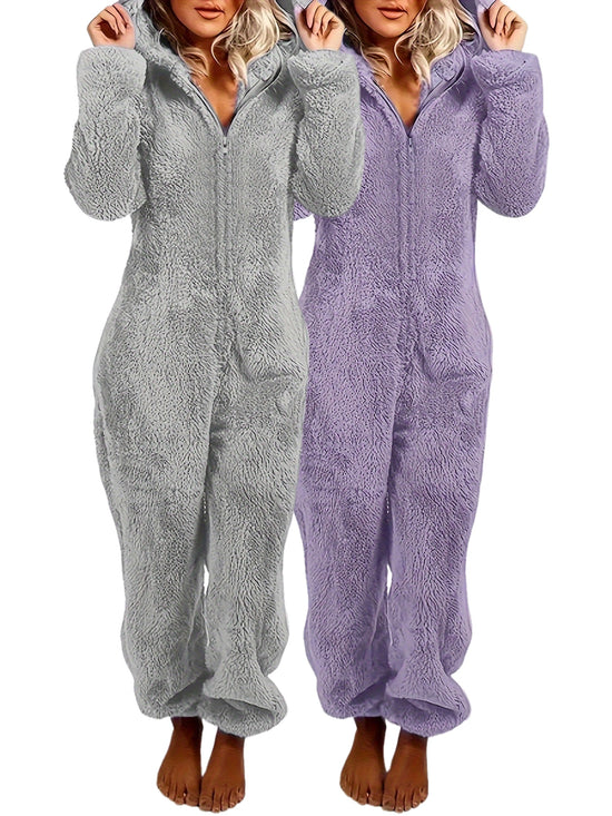 Fuzzy Hooded Pajama Jumpsuit For Music Festival, Comfy & Cute Long Sleeve Zipper Pajamas, Women&