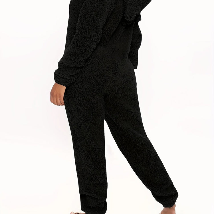 Fuzzy Hooded Pajama Jumpsuit For Music Festival, Comfy & Cute Long Sleeve Zipper Pajamas, Women&