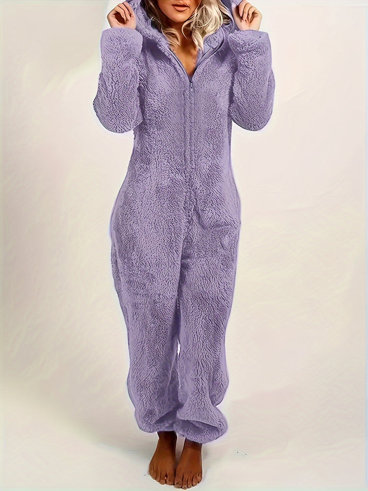 Fuzzy Hooded Pajama Jumpsuit For Music Festival, Comfy & Cute Long Sleeve Zipper Pajamas, Women&