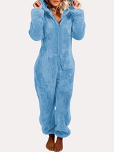 Fuzzy Hooded Pajama Jumpsuit For Music Festival, Comfy & Cute Long Sleeve Zipper Pajamas, Women&