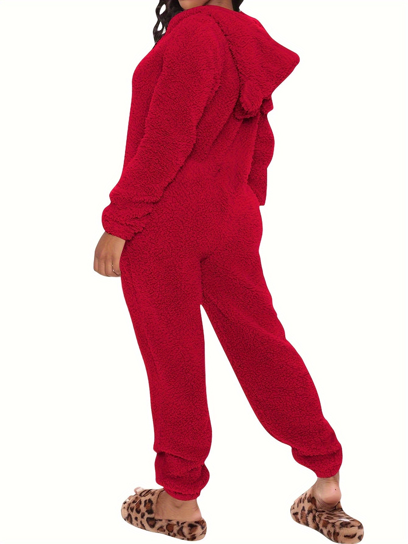 Fuzzy Hooded Pajama Jumpsuit For Music Festival, Comfy & Cute Long Sleeve Zipper Pajamas, Women&