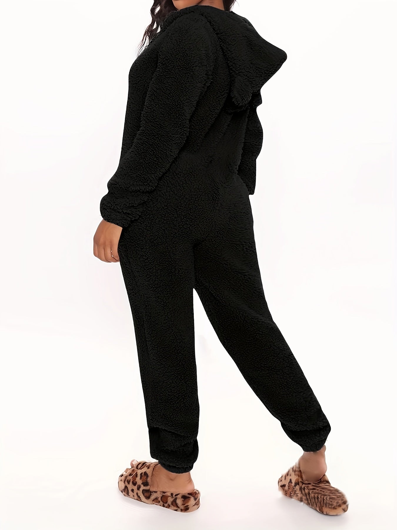 Fuzzy Hooded Pajama Jumpsuit For Music Festival, Comfy & Cute Long Sleeve Zipper Pajamas, Women&
