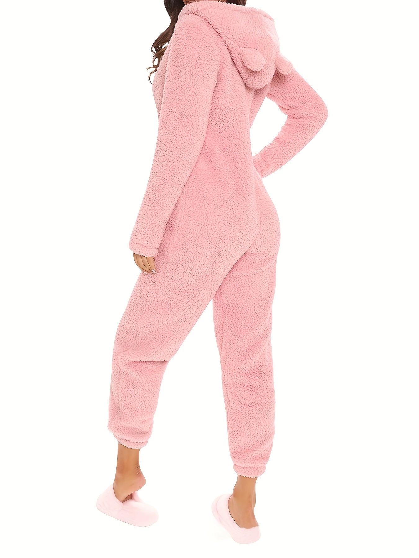 Fuzzy Hooded Pajama Jumpsuit For Music Festival, Comfy & Cute Long Sleeve Zipper Pajamas, Women&