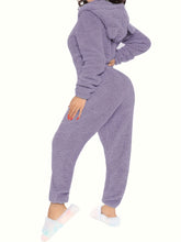 Fuzzy Hooded Pajama Jumpsuit For Music Festival, Comfy & Cute Long Sleeve Zipper Pajamas, Women&
