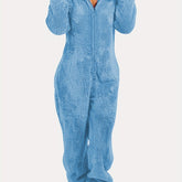 Fuzzy Hooded Pajama Jumpsuit For Music Festival, Comfy & Cute Long Sleeve Zipper Pajamas, Women&