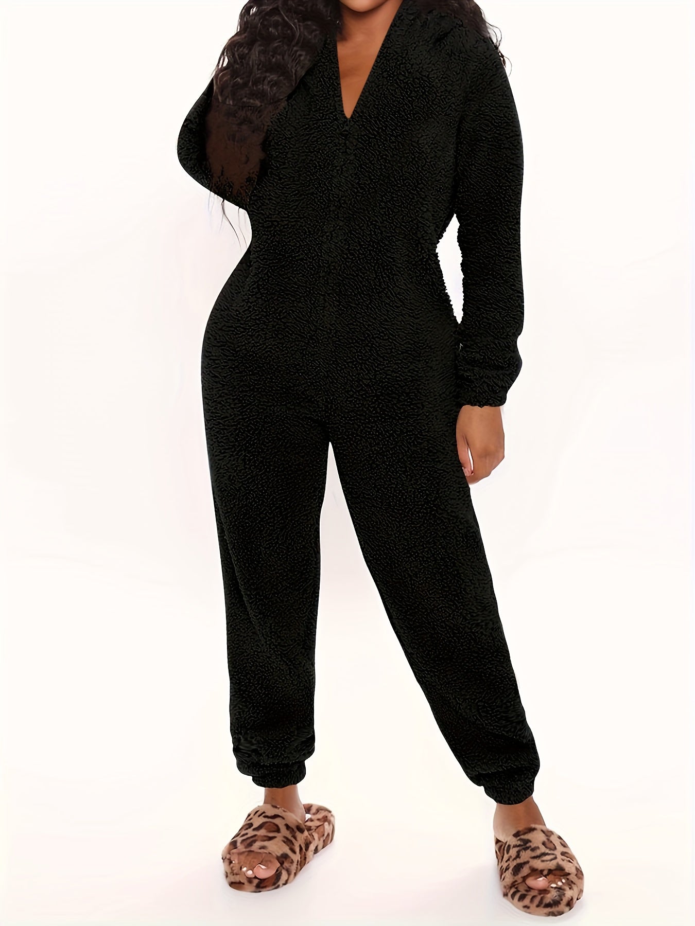 Fuzzy Hooded Pajama Jumpsuit For Music Festival, Comfy & Cute Long Sleeve Zipper Pajamas, Women&