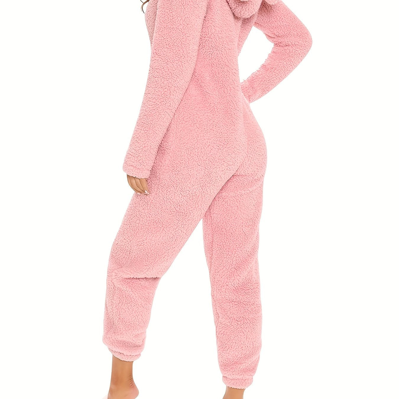 Fuzzy Hooded Pajama Jumpsuit For Music Festival, Comfy & Cute Long Sleeve Zipper Pajamas, Women&