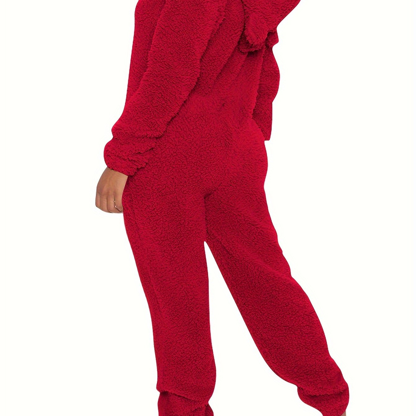 Fuzzy Hooded Pajama Jumpsuit For Music Festival, Comfy & Cute Long Sleeve Zipper Pajamas, Women&