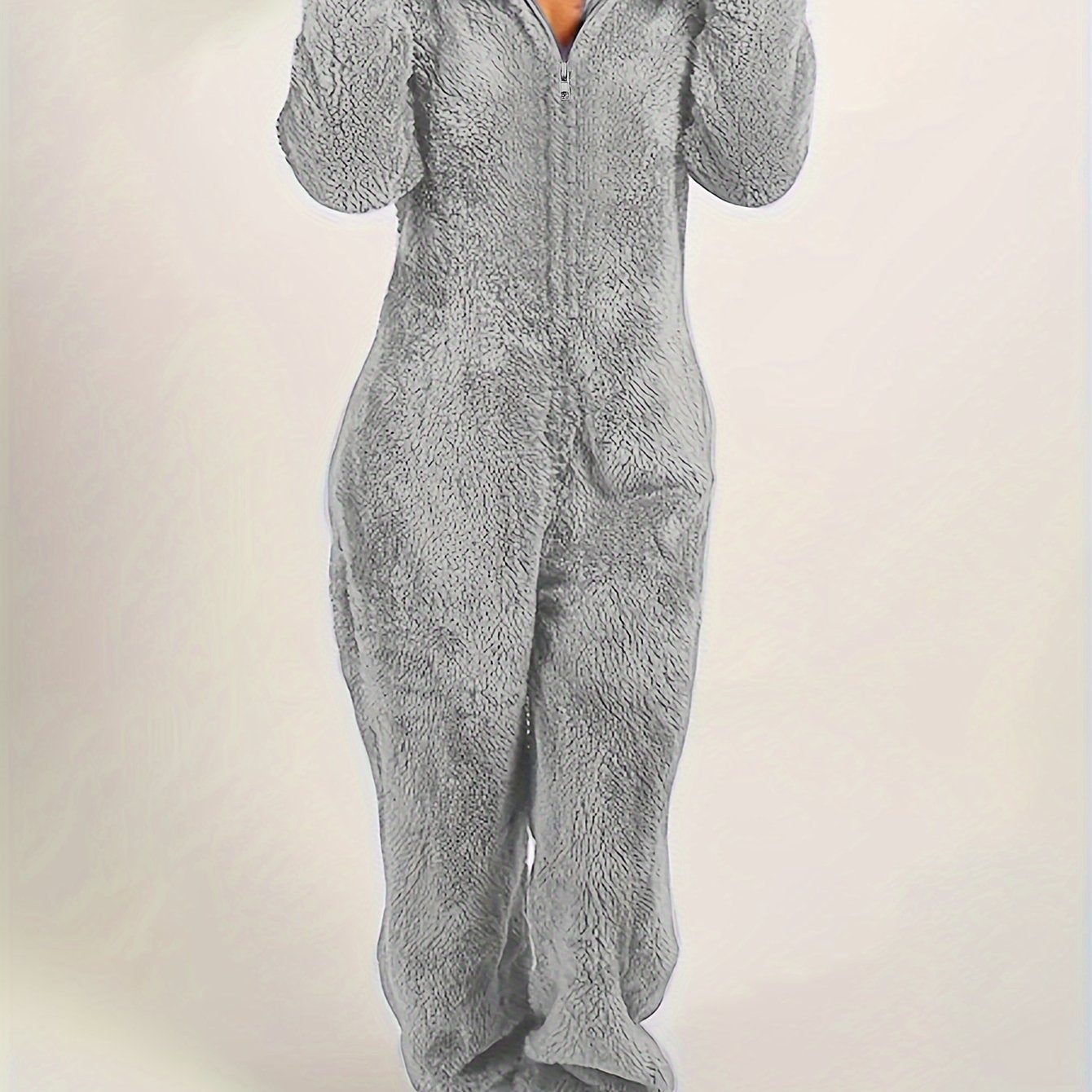 Fuzzy Hooded Pajama Jumpsuit For Music Festival, Comfy & Cute Long Sleeve Zipper Pajamas, Women&