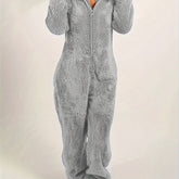Fuzzy Hooded Pajama Jumpsuit For Music Festival, Comfy & Cute Long Sleeve Zipper Pajamas, Women&
