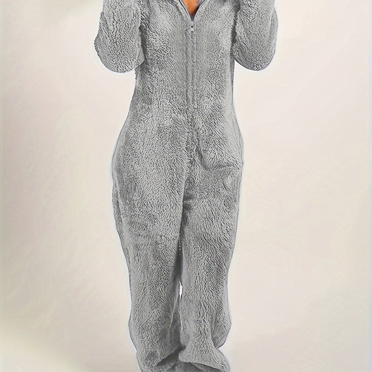 Fuzzy Hooded Pajama Jumpsuit For Music Festival, Comfy & Cute Long Sleeve Zipper Pajamas, Women&