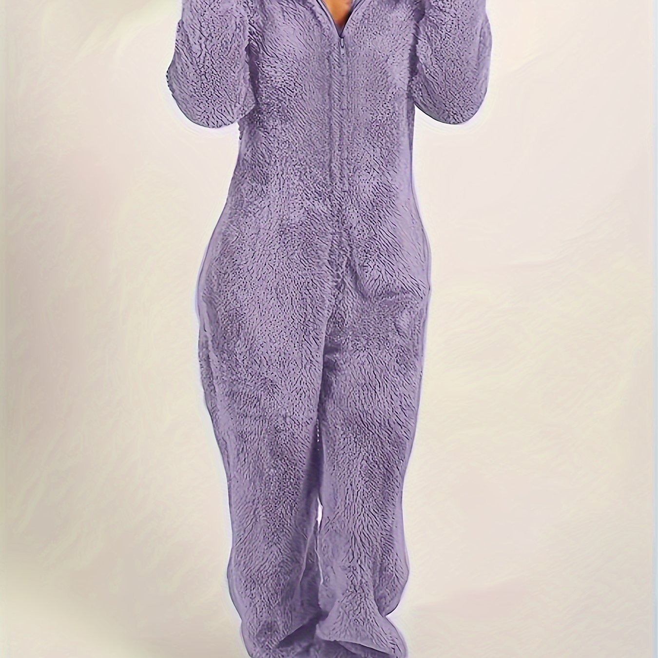Fuzzy Hooded Pajama Jumpsuit For Music Festival, Comfy & Cute Long Sleeve Zipper Pajamas, Women&