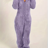 Fuzzy Hooded Pajama Jumpsuit For Music Festival, Comfy & Cute Long Sleeve Zipper Pajamas, Women&