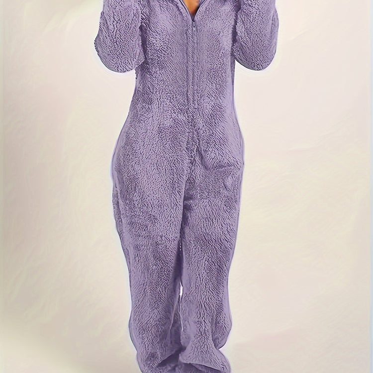 Fuzzy Hooded Pajama Jumpsuit For Music Festival, Comfy & Cute Long Sleeve Zipper Pajamas, Women&