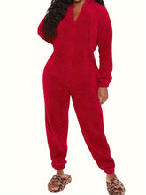 Fuzzy Hooded Pajama Jumpsuit For Music Festival, Comfy & Cute Long Sleeve Zipper Pajamas, Women&