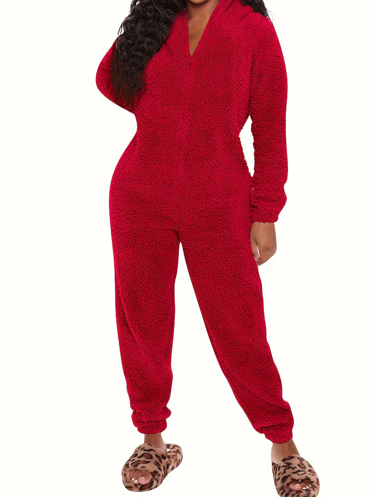 Fuzzy Hooded Pajama Jumpsuit For Music Festival, Comfy & Cute Long Sleeve Zipper Pajamas, Women&