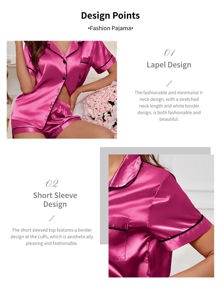 Luxurious Satin Pajama for Women Sleepwear Summer Short Sleeve Tops with Button-Up Lapel Collar & Shorts Pyjama Femme Lounge Set - Lena & Miles Exquisite Boutique LLC.