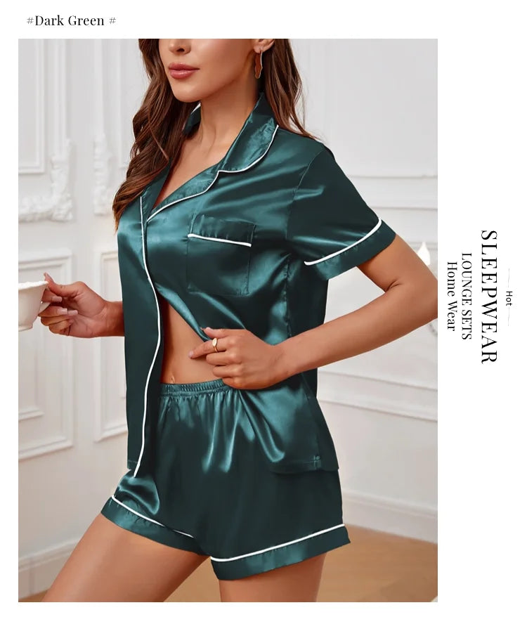Luxurious Satin Pajama for Women Sleepwear Summer Short Sleeve Tops with Button-Up Lapel Collar & Shorts Pyjama Femme Lounge Set - Lena & Miles Exquisite Boutique LLC.