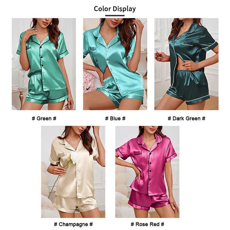 Luxurious Satin Pajama for Women Sleepwear Summer Short Sleeve Tops with Button-Up Lapel Collar & Shorts Pyjama Femme Lounge Set - Lena & Miles Exquisite Boutique LLC.