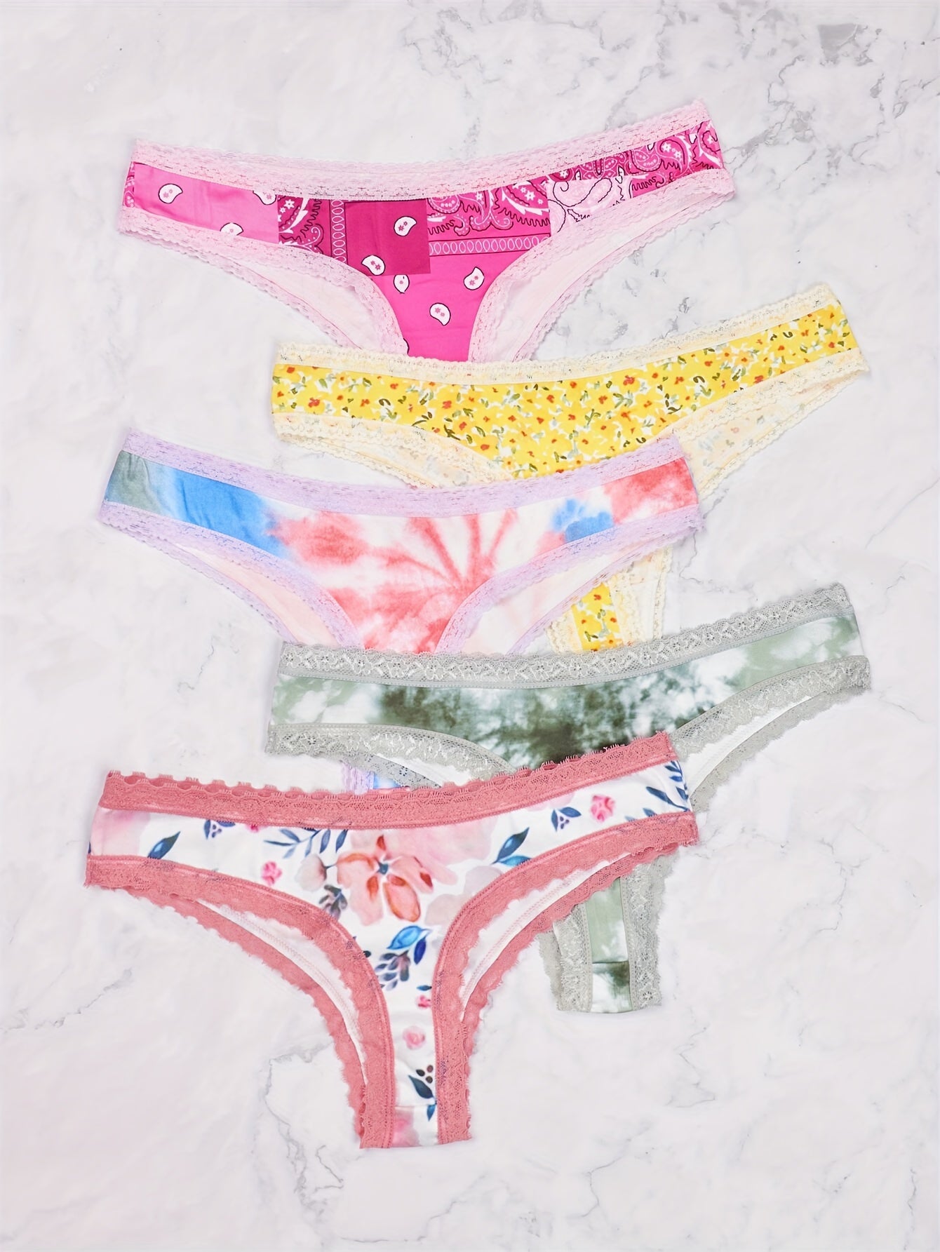 Morvia 5-Piece Lace-trimmed Heart Thongs - Chic, Comfortable Women&