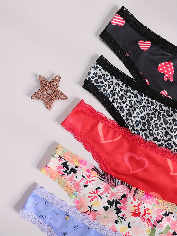 Morvia 5-Piece Lace-trimmed Heart Thongs - Chic, Comfortable Women&