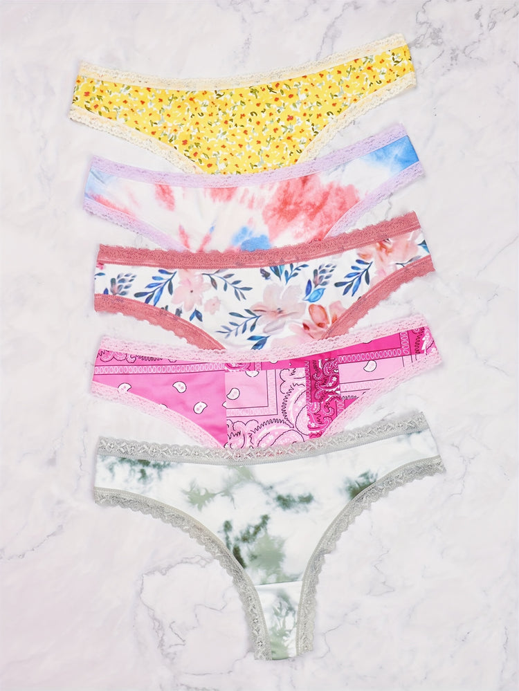 Morvia 5-Piece Lace-trimmed Heart Thongs - Chic, Comfortable Women&