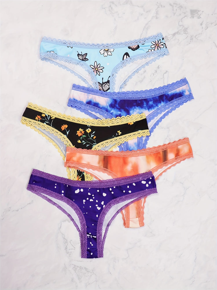 Morvia 5-Piece Lace-trimmed Heart Thongs - Chic, Comfortable Women&