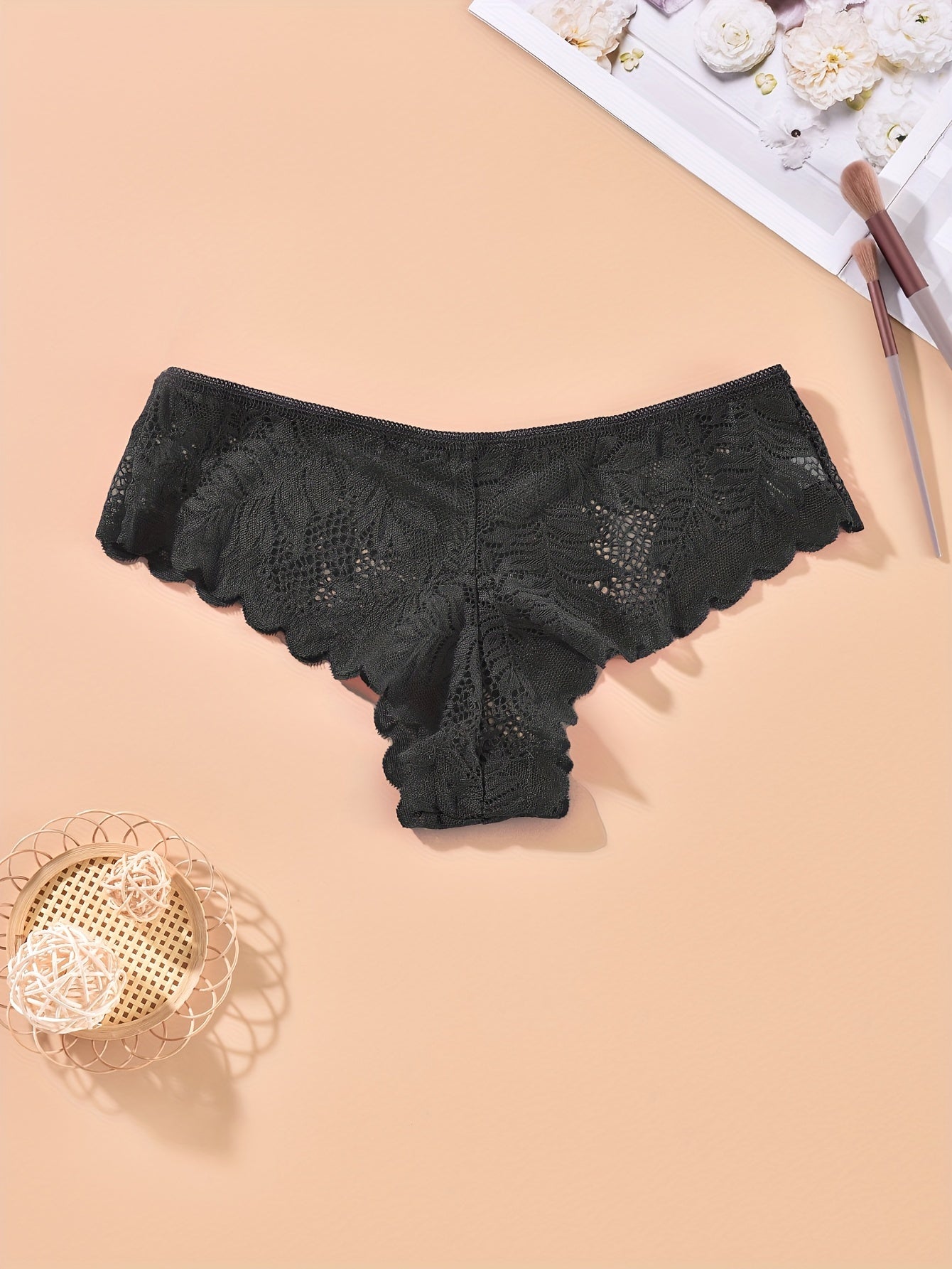 Floral Lace Thongs, Soft & Comfy Scallop Trim Panties, Women&