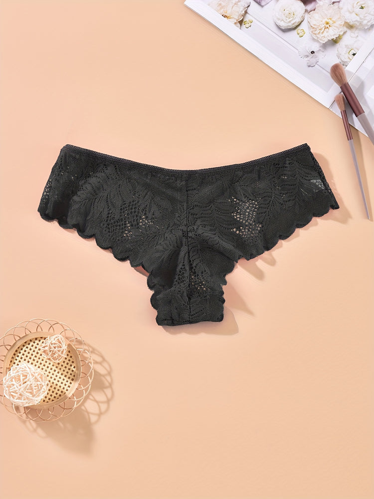 Floral Lace Thongs, Soft & Comfy Scallop Trim Panties, Women&