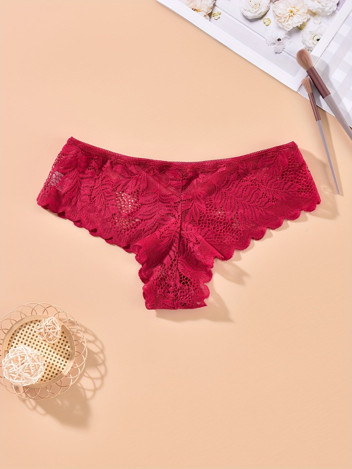 Floral Lace Thongs, Soft & Comfy Scallop Trim Panties, Women&