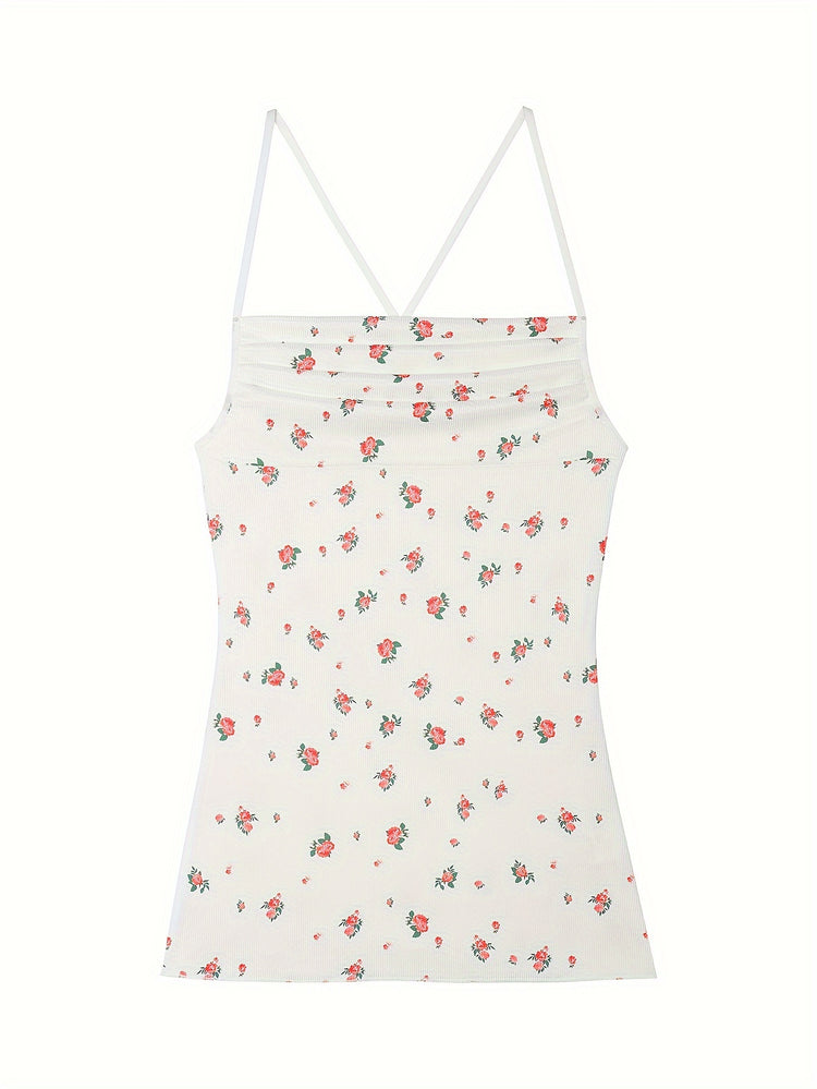 Sultry Floral Print Slip Dress, Criss Cross Back Sleeveless Babydoll, Women&
