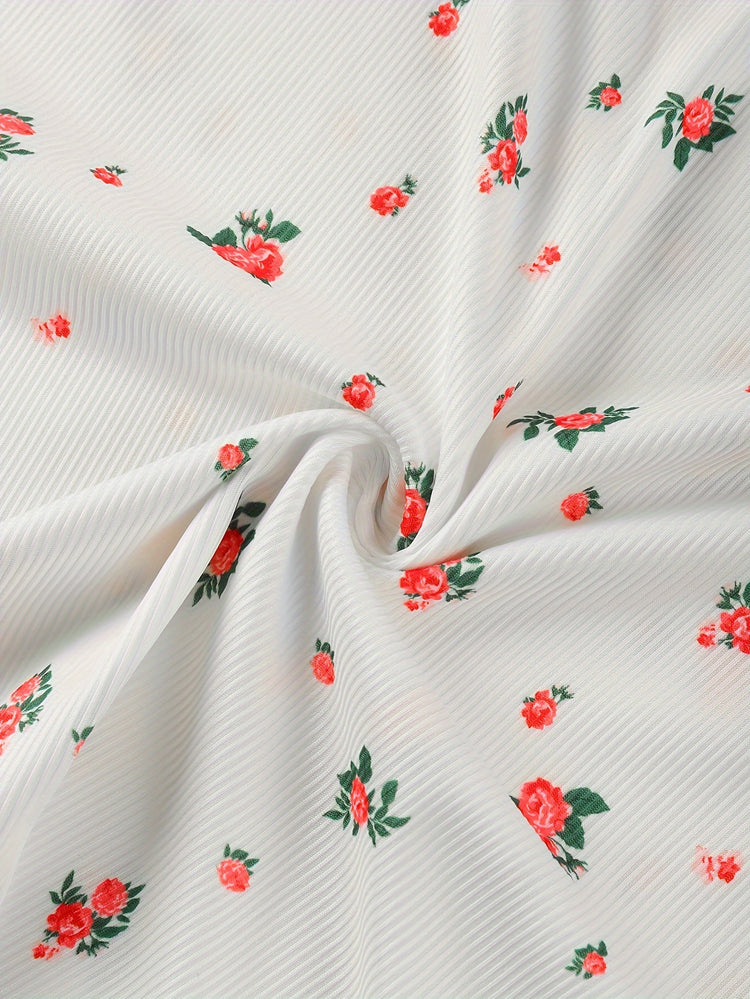 Sultry Floral Print Slip Dress, Criss Cross Back Sleeveless Babydoll, Women&