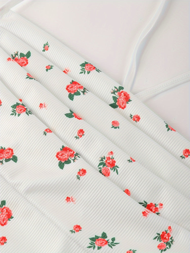 Sultry Floral Print Slip Dress, Criss Cross Back Sleeveless Babydoll, Women&