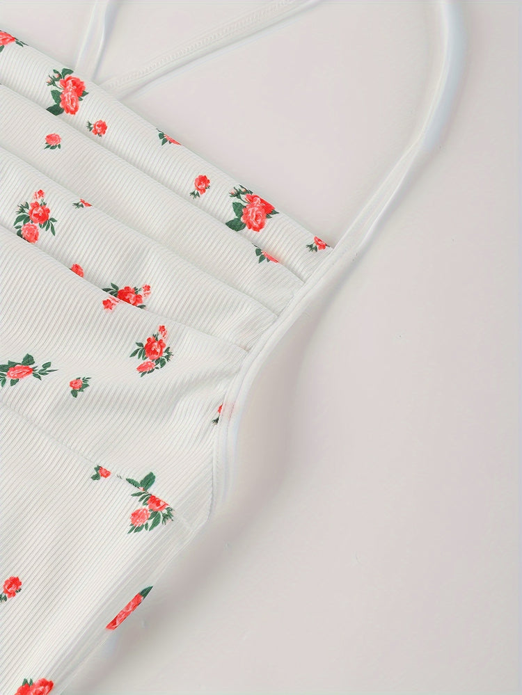 Sultry Floral Print Slip Dress, Criss Cross Back Sleeveless Babydoll, Women&