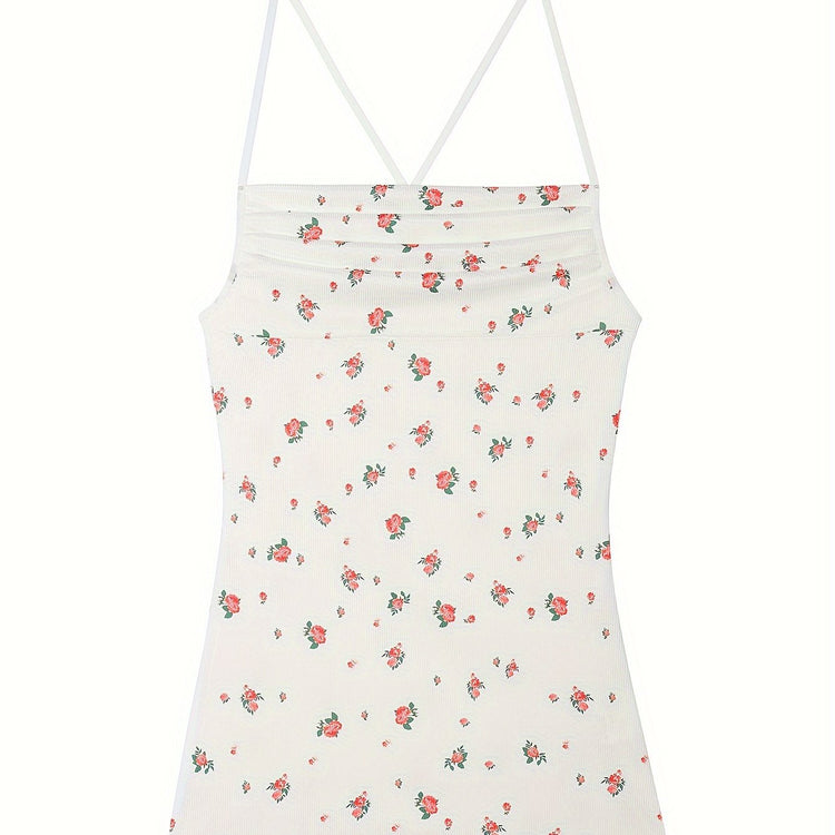 Sultry Floral Print Slip Dress, Criss Cross Back Sleeveless Babydoll, Women&