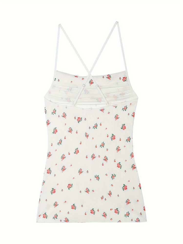 Sultry Floral Print Slip Dress, Criss Cross Back Sleeveless Babydoll, Women&