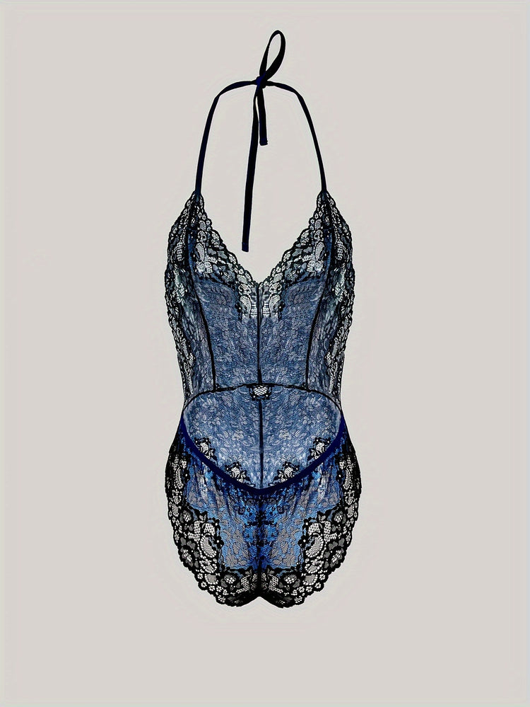 Floral Lace Teddy Bodysuit - Semi-Sheer, Deep V Backless, Open Crotch, Sexy Lingerie for Women - Elegant, Adult, Underwear, Halter Neck Design - Lena & Miles Exquisite Boutique LLC.