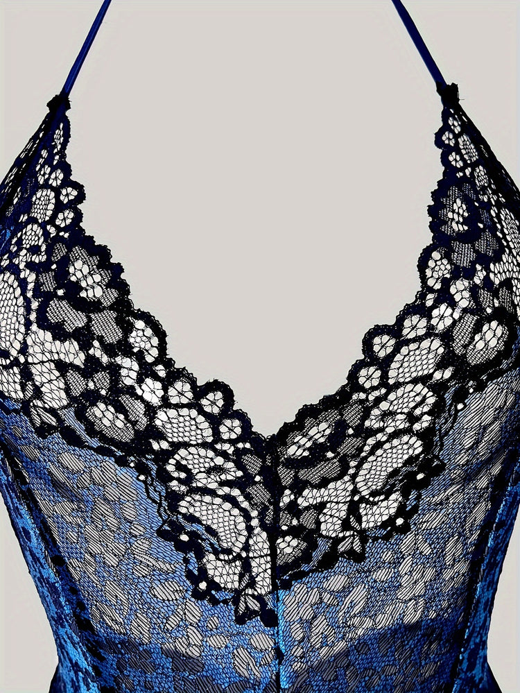 Floral Lace Teddy Bodysuit - Semi-Sheer, Deep V Backless, Open Crotch, Sexy Lingerie for Women - Elegant, Adult, Underwear, Halter Neck Design - Lena & Miles Exquisite Boutique LLC.