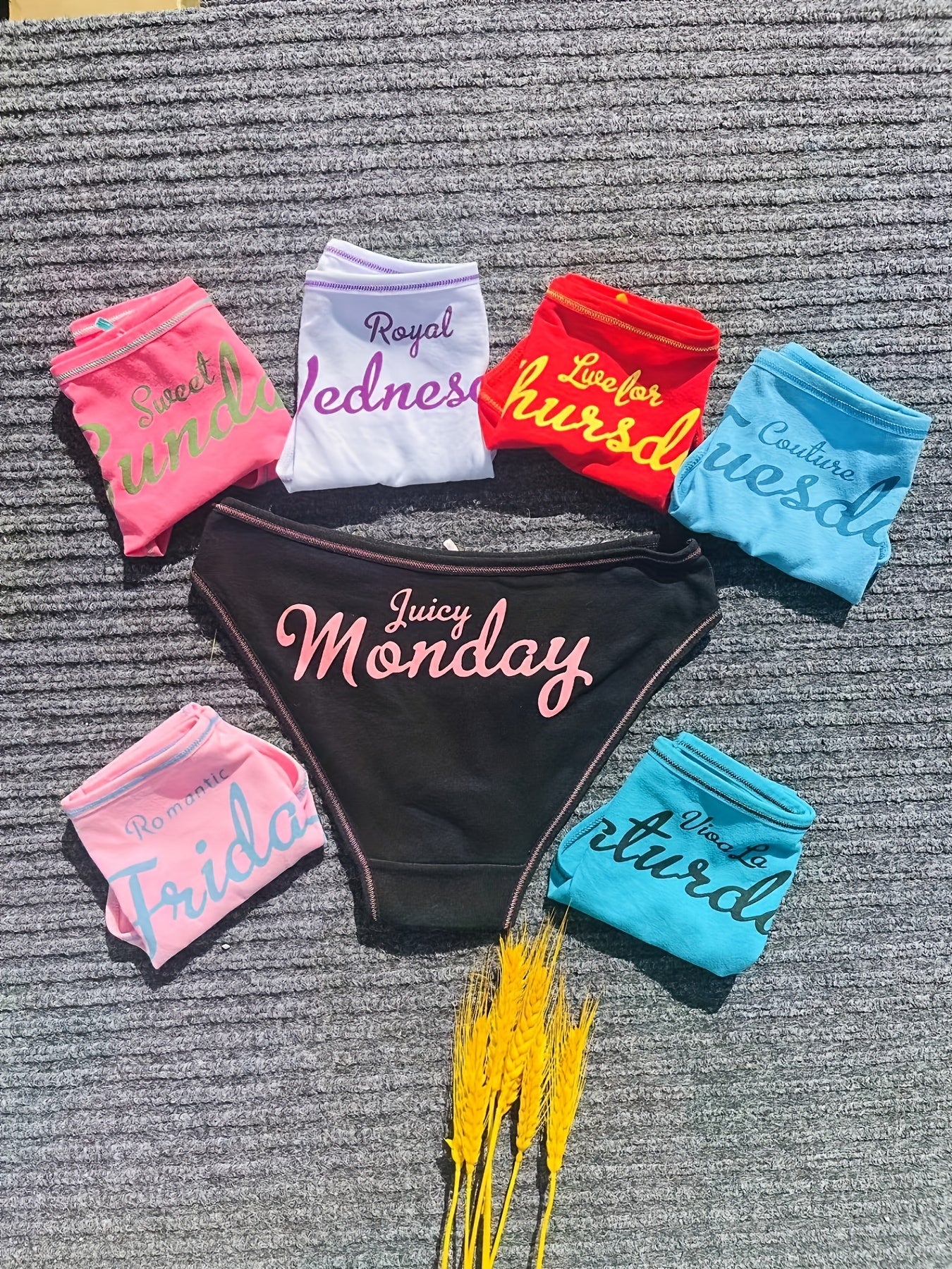 7 Pcs Letter Pint Bow Tie Briefs, Comfy & Breathable Mid-Rise Intimates Panties, Women&