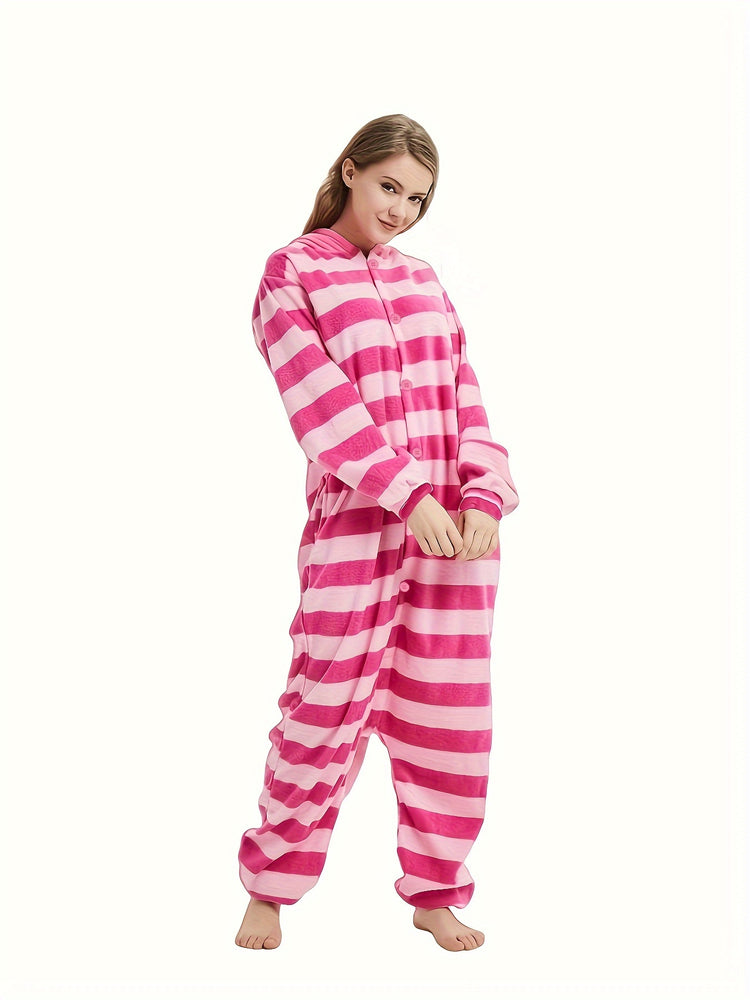 Vibrant Cartoon Cat Pajama Jumpsuit - Soft Long Sleeve Hooded Design, Button-Front Closure, Cozy Lingerie & Sleepwear for Women - Cute Music Festival Inspired, Relaxation-Focused Fashion - Lena & Miles Exquisite Boutique LLC.
