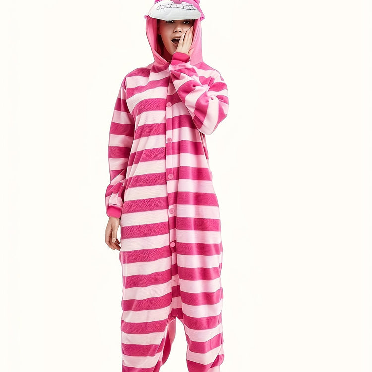 Vibrant Cartoon Cat Pajama Jumpsuit - Soft Long Sleeve Hooded Design, Button-Front Closure, Cozy Lingerie & Sleepwear for Women - Cute Music Festival Inspired, Relaxation-Focused Fashion - Lena & Miles Exquisite Boutique LLC.