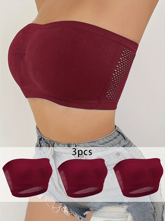 3pcs Strapless Bandeau Bras, Comfy & Soft Stretch Everyday Bra, Women&
