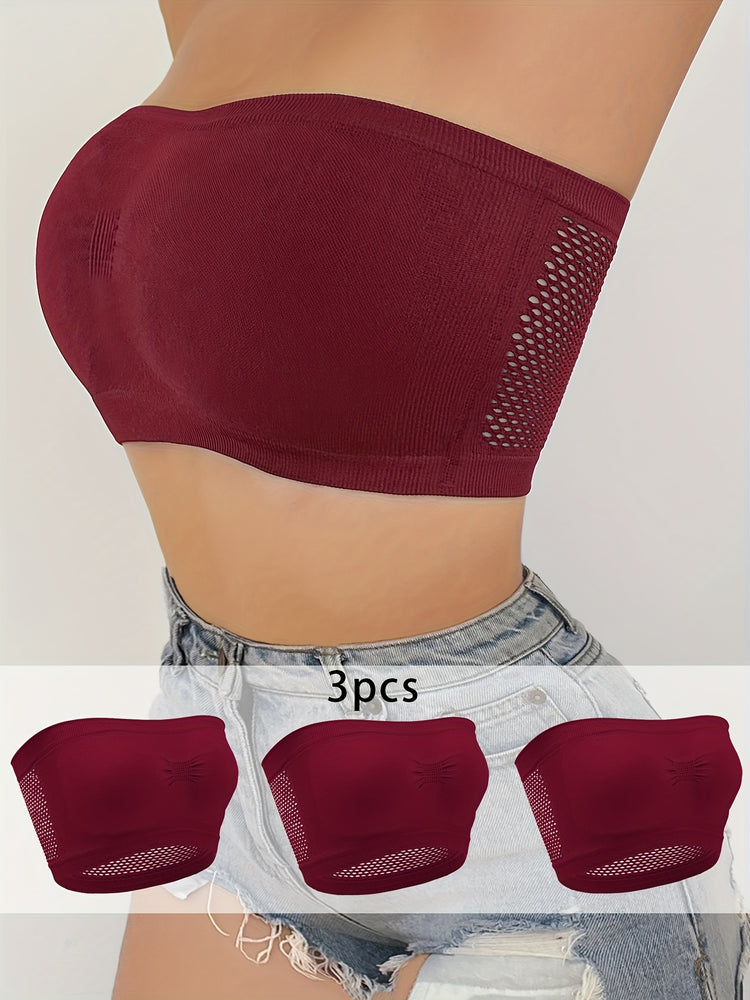 3pcs Strapless Bandeau Bras, Comfy & Soft Stretch Everyday Bra, Women&