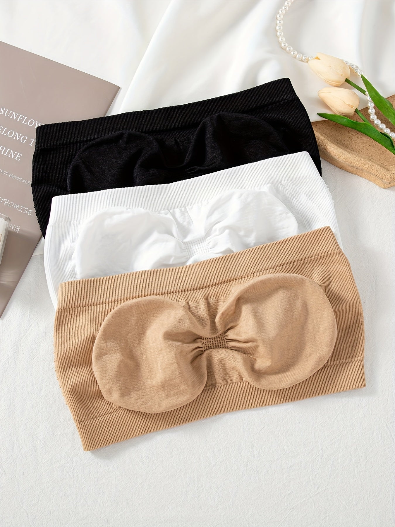 3pcs Strapless Bandeau Bras, Comfy & Soft Stretch Everyday Bra, Women&