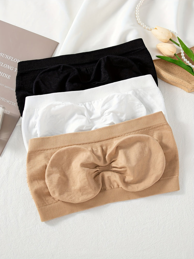 3pcs Strapless Bandeau Bras, Comfy & Soft Stretch Everyday Bra, Women&