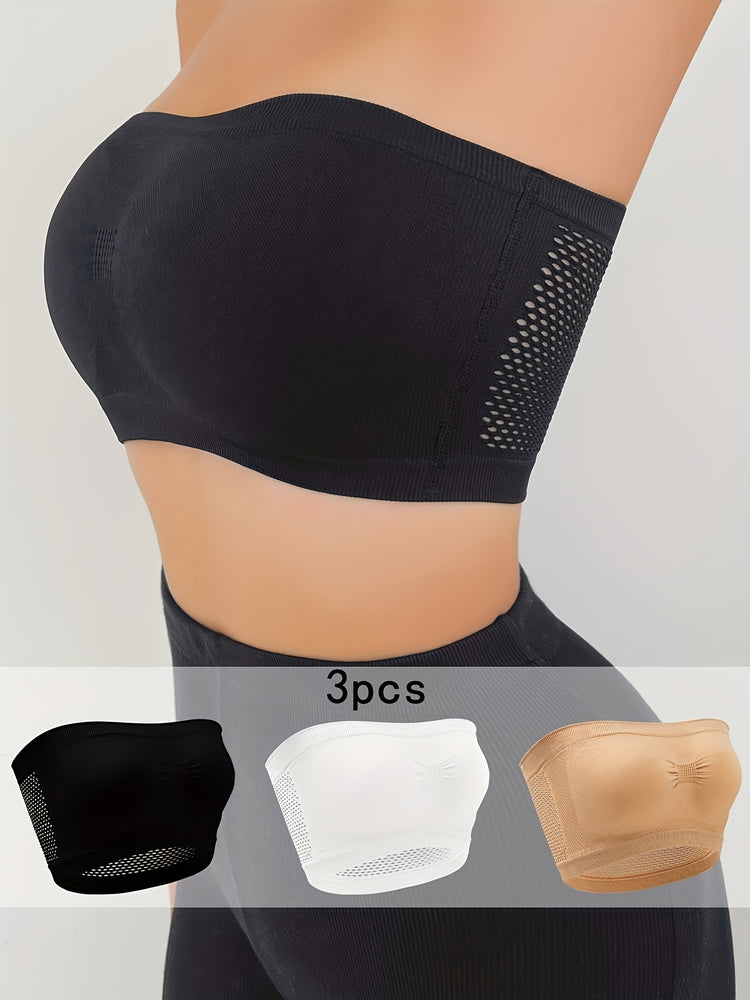 3pcs Strapless Bandeau Bras, Comfy & Soft Stretch Everyday Bra, Women&
