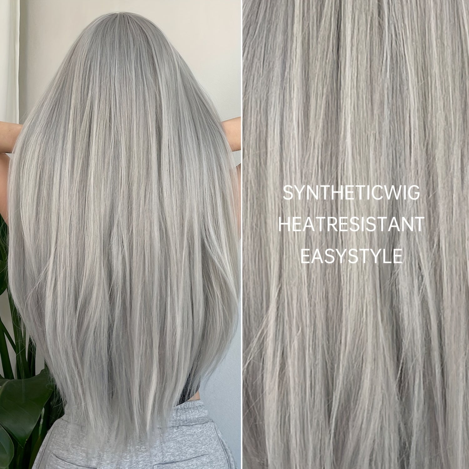 Silvery Grey 26 Inch Long Straight Hair Wigs With Bangs Heat Resistant Synthetic Hair Wigs For Women Girls For Cosplay Party Daily Taking Photos Use Music Festival - Lena & Miles Exquisite Boutique LLC.